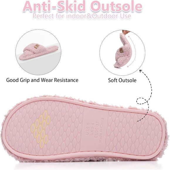 ⚡Women’s Light Pink Faux Fur Cozy Fuzzy Cross Band Slippers House Shoes - Picture 5 of 6